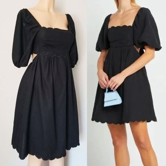 NEW O.P.T. Black April Dress Scalloped Open Back Cutout Dress S Puff Sleeve $179 - Picture 5 of 16